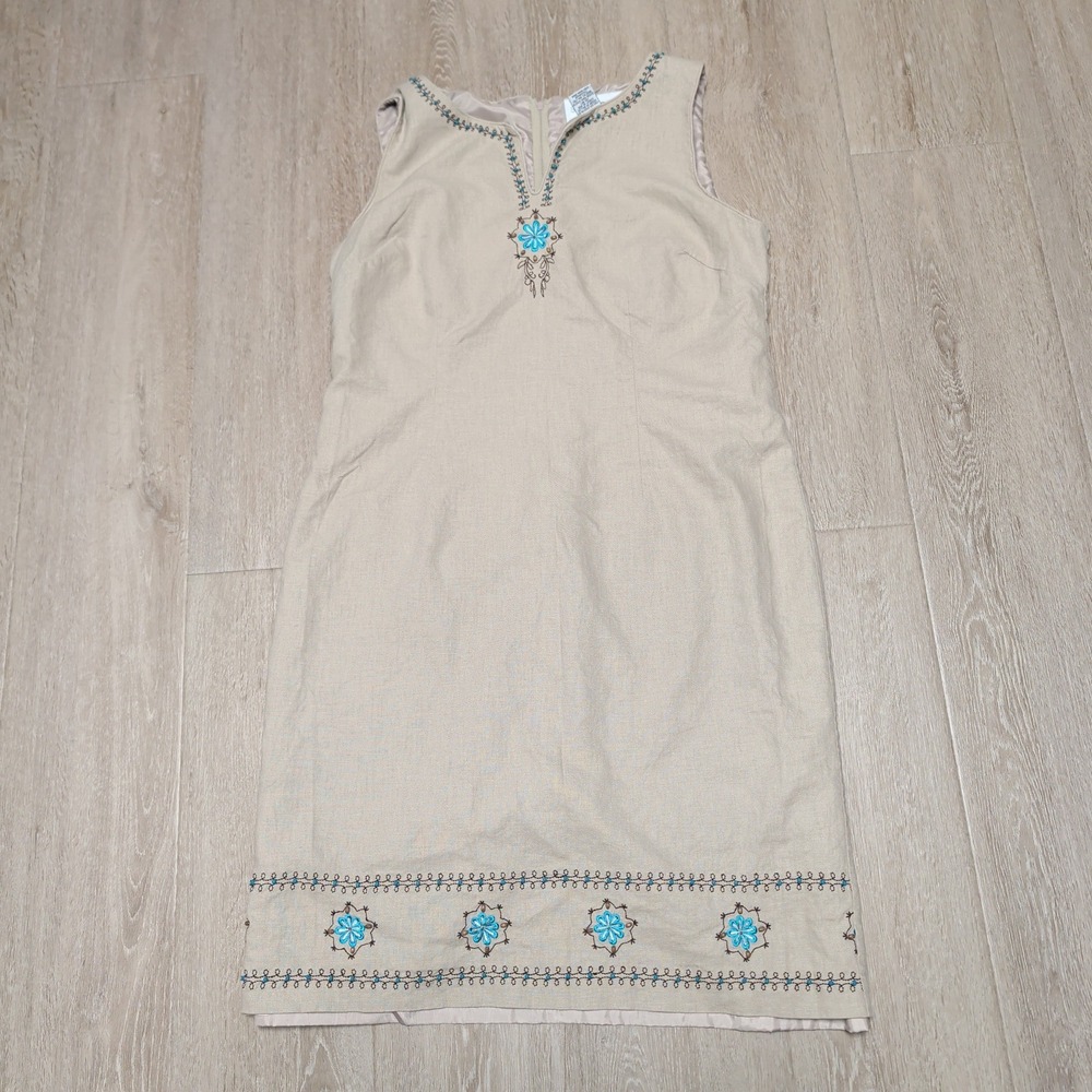Sag Harbor Womens Linen Blend Beige Embroidered Turquoise Beaded Sheath Dress 14